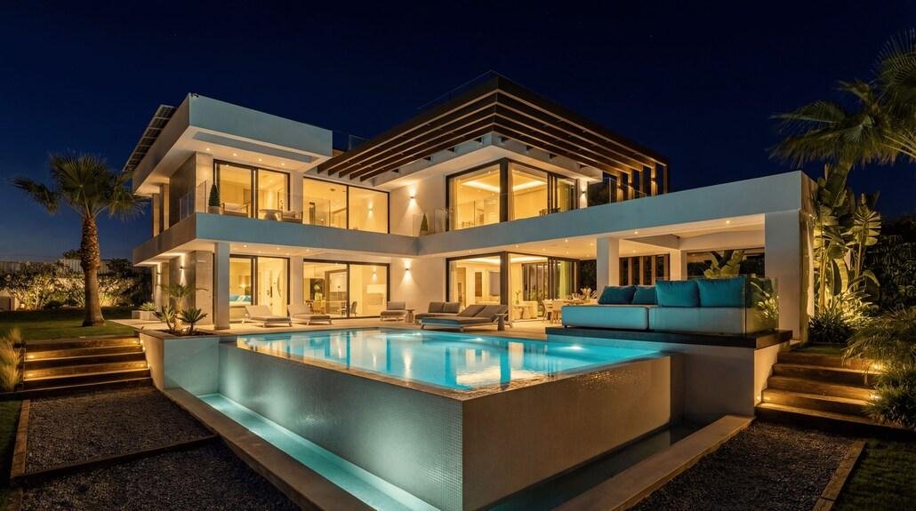 Evening view of a precision-built residence by SAEIRA